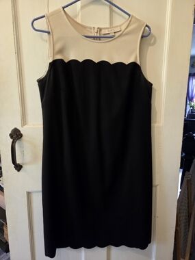 LOFT Black and Cream Sleeveless Scallop-Trim Sheath Dress